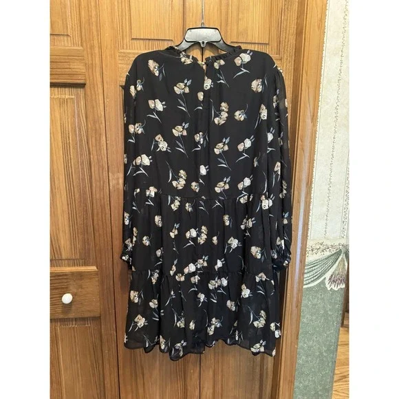 Ophelia Roe Floral Print Black A-Line Dress 2X Long Sleeves Cottagecore Fall - Picture 5 of 9